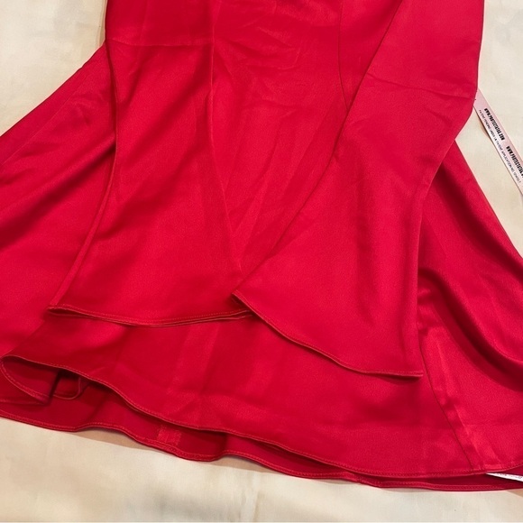 NEW! House of CB- Sacha Red Satin Mini Dress Long Flute Sleeve Round Neck Size S - Picture 7 of 13